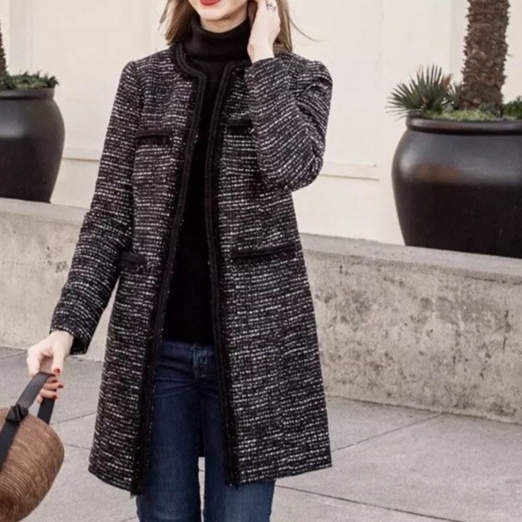 NWT J. Crew Tweed Lurex Lady Day Coat Braided Trim in Black and White Size 6 - Picture 1 of 15